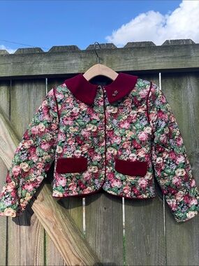 Vtg Sylvia Whyte Quilted Floral Jacket w Velvet Trim